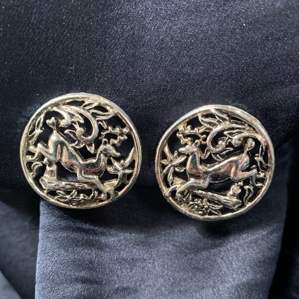Silver Clip-on  Round Earrings 1" Deer in Forrest